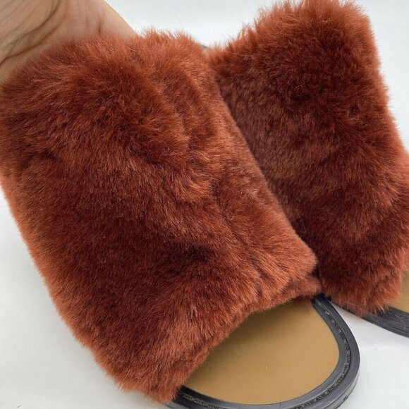 Zara Faux Fur Block Heel Mules Womens Size 38 Slip On Open Toe Sandals Burnt Red - Picture 3 of 12
